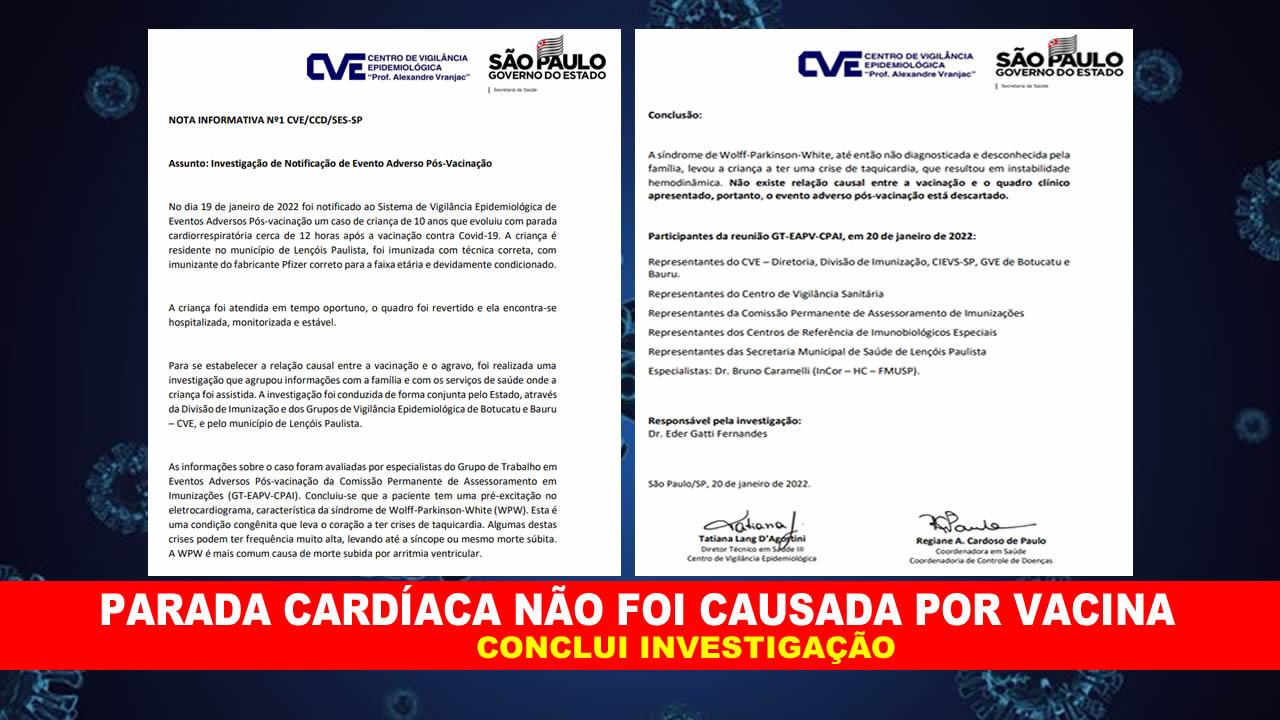 PARADA CARDÍACA DE MENINA DE 10 ANOS NÃO FOI CAUSADA POR VACINA, AFIRMA NOTA DA SECRETARIA DE SAÚDE DO ESTADO DE SÃO PAULO