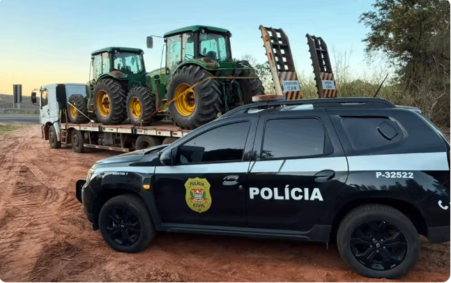 Drone ajuda polícia a localizar três tratores furtados escondidos em plantação de eucalipto