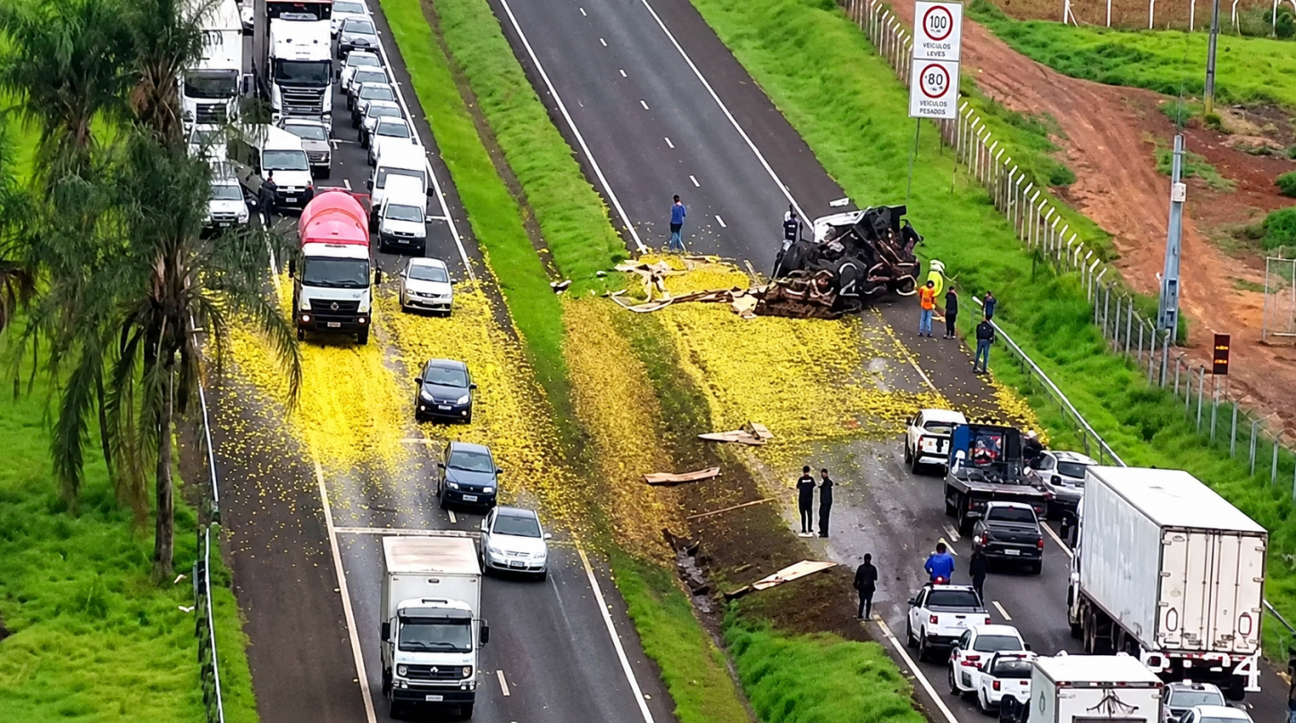Caminhão carregado com laranjas tomba e interdita rodovia em Pederneiras