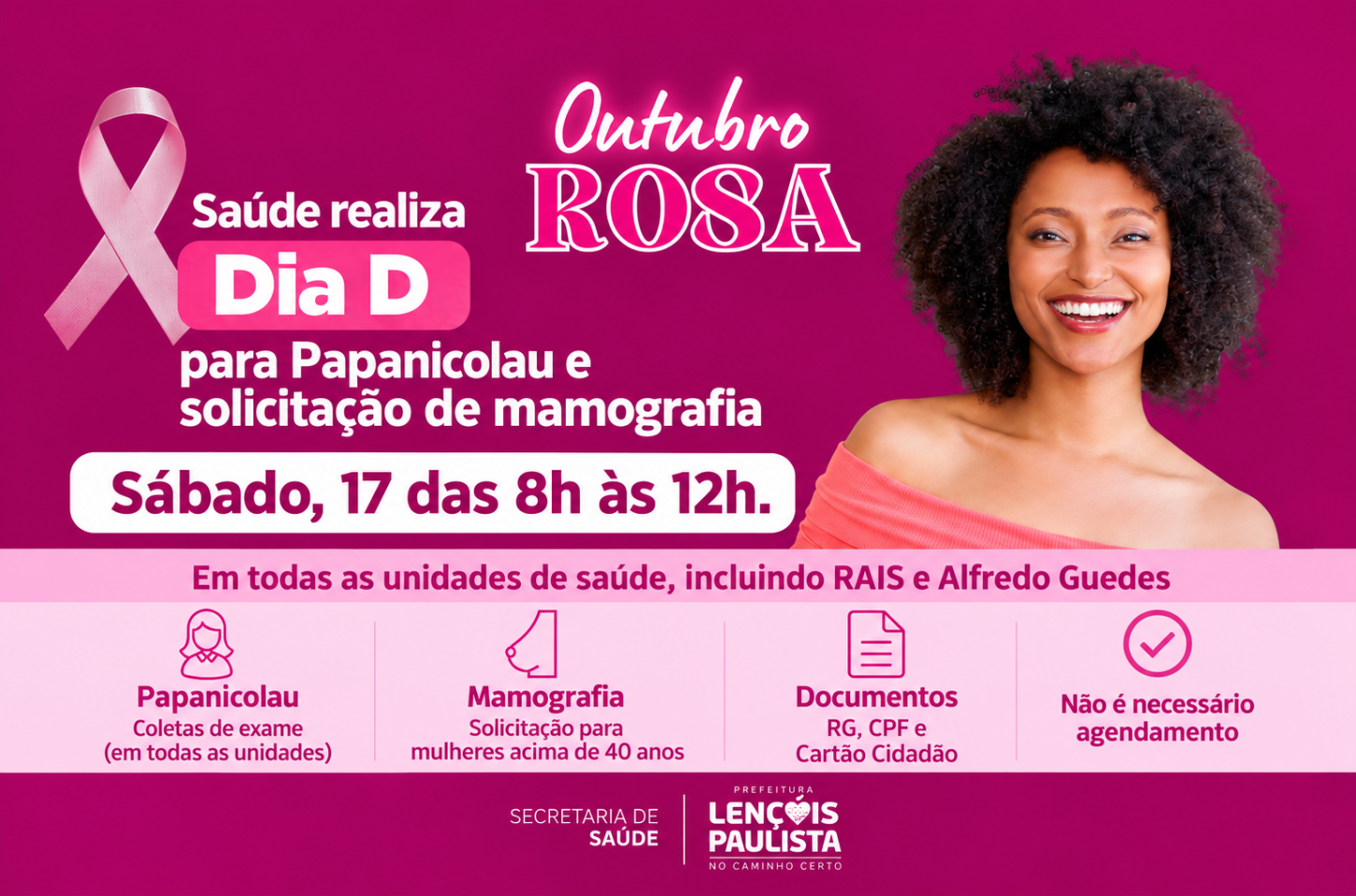 Outubro Rosa: Lençóis Paulista terá Dia D para exame preventivo e solicitação de mamografia neste sábado