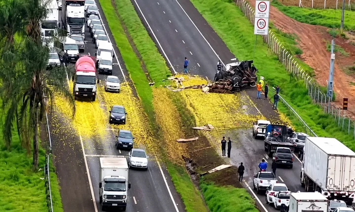 Caminhão carregado com laranjas tomba e interdita rodovia em Pederneiras