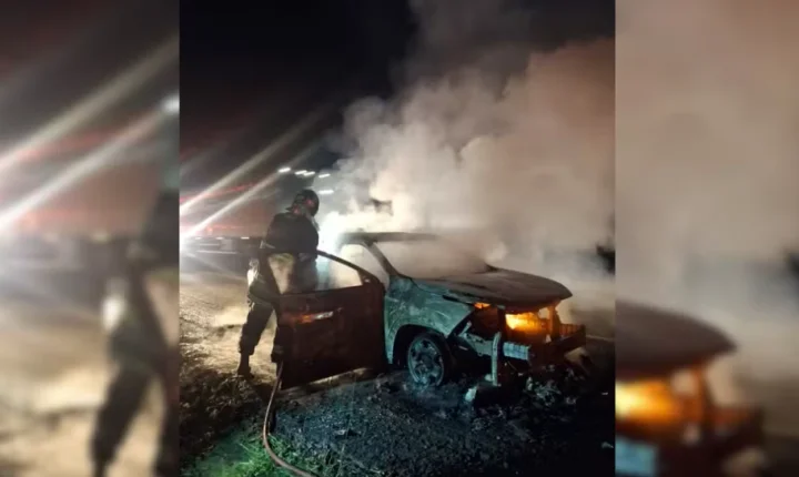 Caminhonete é destruída por incêndio na Rodovia Castello Branco, em Pardinho