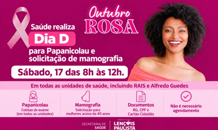 Outubro Rosa: Lençóis Paulista terá Dia D para exame preventivo e solicitação de mamografia neste sábado